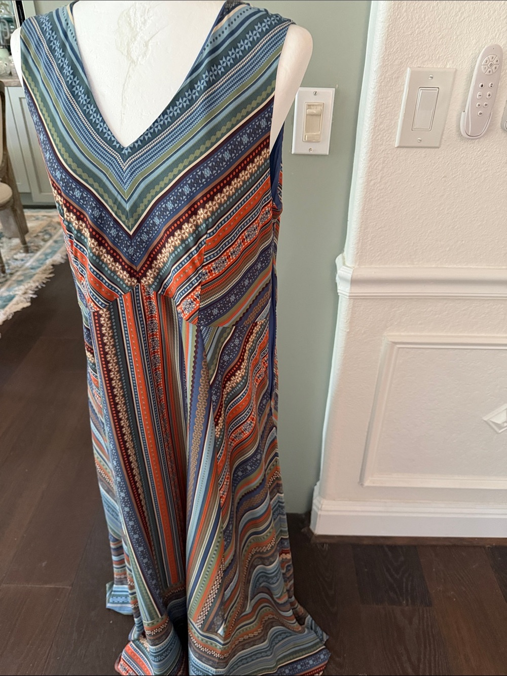 Coldwater Creek Multi-Striped V-Neck Maxi Dress in Blue & Orange